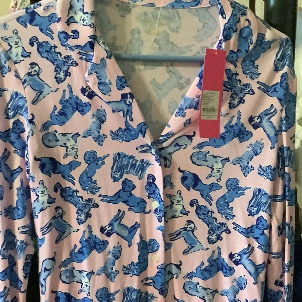 Lilly Pulitzer Pink and Blue‎ button up Pajama top, Ruff night, XXS